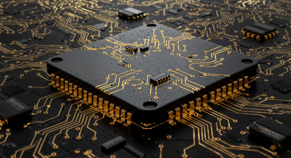 Advanced electronic microchip on black and gold circuit board